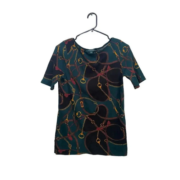 Lauren Ralph Short Sleeve Equestrian Chain Print Blouse Top Size Large - Picture 1 of 4